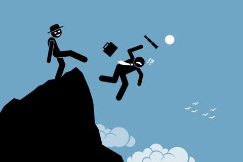 Evil man kicking down his business partner from the top of the hill. Illustrazione stock