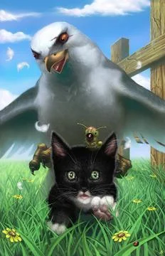 Evil mean seagull chasing a black and white kitten with a caterpillar Ilustração Stock