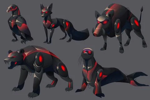 Evil mechanical animals, bear, seal, boar robots Stock Illustration