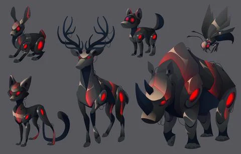 Evil mechanical animals, deer, cat, dog robots Stock Illustration