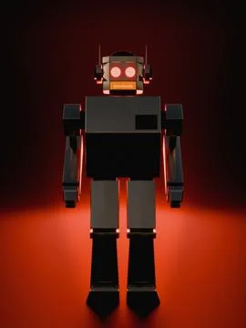 Evil metallic robot on red background, artificial intelligence retro 60s - .. Stock Illustration