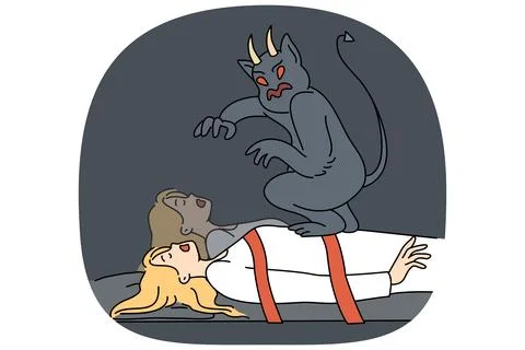 Evil monster steals soul of sleeping, bound woman who needs protection from Illustrazione stock