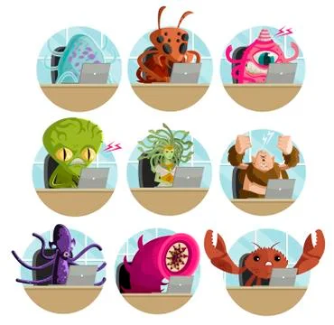 Evil monsters virus cute users using laptop 스톡 일러스트
