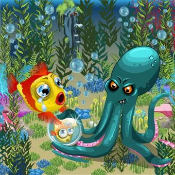 Evil octopus robs fish of her child. A poster on the theme of the inhabitants of Stock Illustration
