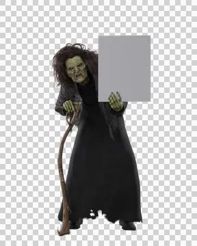 Evil old hag witch leaning on a stick and holding a blank sign board. Hallo.. Stock Illustration