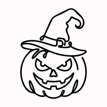 Evil pumpkin jackolantern wearing witch hat line art drawing for halloween .. Stock Illustration