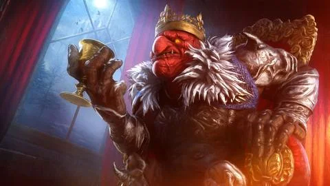 The evil red goblin king in fine black armor with a woolen collar drinks wi.. Illustration