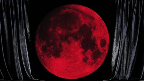 Evil Red moon behind the black Halloween curtain in UHD. Stock Footage 203932913