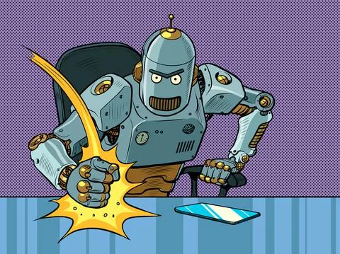 The evil robot boss hits the table with his fist. Emotions in the office. Angry Stock Illustration