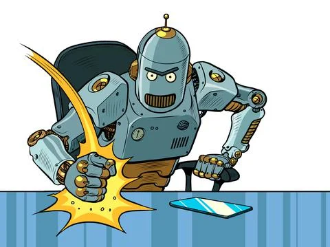 The evil robot boss hits the table with his fist. Emotions in the office. Angry Stock Illustration