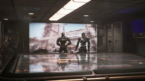 Evil robot explains attack plan to its chief officer on Sci-fi screen 02 库存影片 164382728