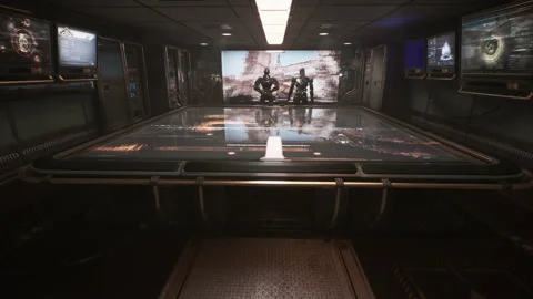 Evil robot explains attack plan to its chief officer on Sci-fi screen 06 库存影片 164495588