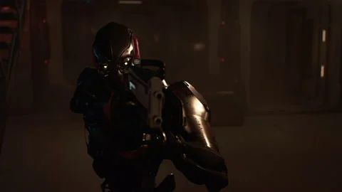 Evil robot scans the alien mining base and turns to speak on the radio 01 Stock Footage 224951533