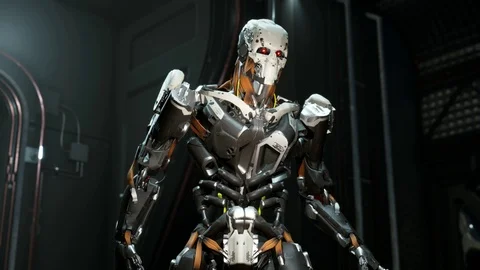 Evil Robot Soldier Strides Through Sci-Fi Corridor Stock-Footage 114954502