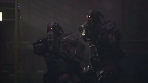 Evil robot soldiers surround the heroes and force them to surrender 01 Vídeo Stock 205840036