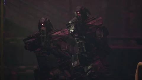 Evil robot soldiers surround the heroes and force them to surrender 02 Vídeo Stock 205841806