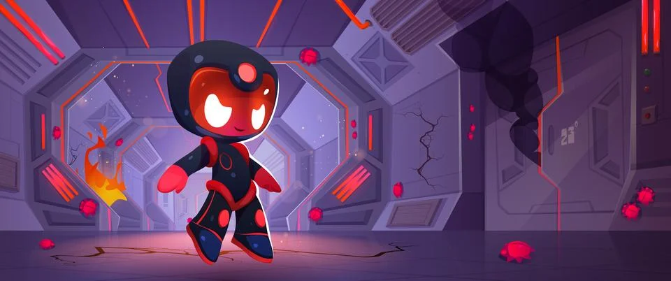 Evil robot in space ship with fire and flame Stock Illustration