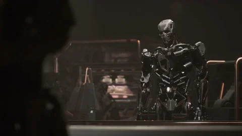 Evil robot standing and talking and discussing with its soldiers 02 Stock Footage 163970458