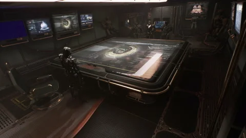 Evil robot standing and talking and discussing with its soldiers 04 Stock Footage 163974270