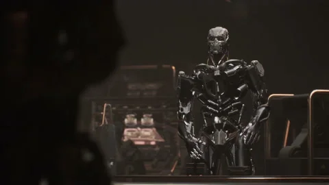 Evil robot standing and talking excitedly to its soldiers 02 Stock Footage 164051625