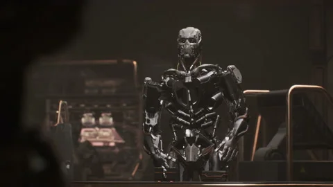 Evil robot standing and talking excitedly to its soldiers 05 Stock Footage 164056820