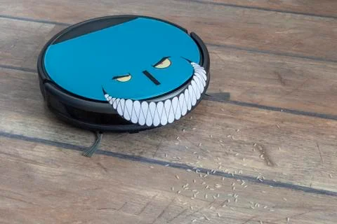 Evil robots concept. Robot vacuum cleaner with evil grin Stock Photos