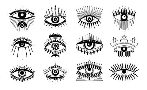 Evil Seeing eye symbol set. Occult mystic emblem, graphic design tattoo Illustrazione stock