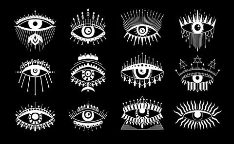 Evil Seeing eye symbol set. Occult mystic emblem, graphic design tattoo Stock Illustration