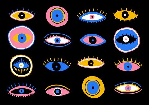 Evil Seeing eye symbol set. Occult mystic emblem, graphic design tattoo Stock Illustration