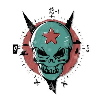 Evil skull with a star on his forehead. Gothic watch, clock design dial plate Stock Illustration