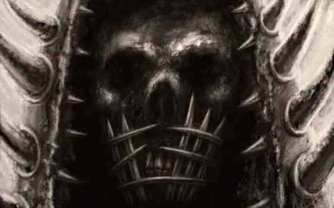 Evil skull of warrior with a muzzle of metal rods and a helmet with daggers.. Stock Illustration