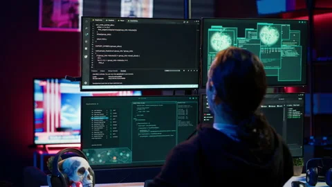 Evil software developer building scripts that can hack devices Stock Footage 275864430