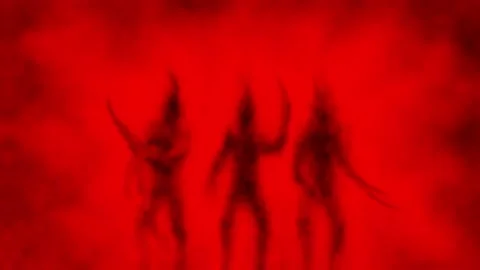 Evil spirit of demon walks across burning fiery earth. 2D digital animation Stock Footage