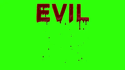 Evil text with scary blood drops effect on green screen background Stock Footage 319473103