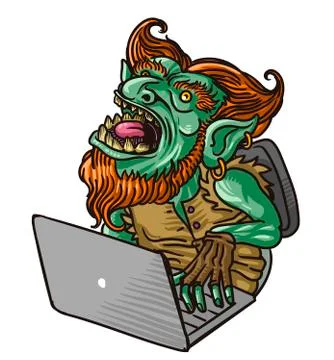 Evil troll using a computer Stock Illustration