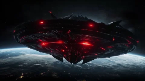 Evil UFO Spaceship Approaching Planet Earth 4K UHD Stock Footage 303667374