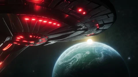 Evil UFO Spaceship Approaching Planet Earth 4K Ultra HD UHD Stock Footage 303667482