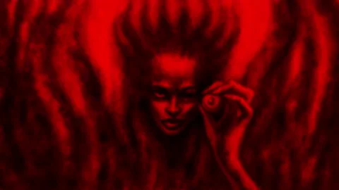 Evil witch demon holds her eye in hand 2D animation. Horror fantasy genre. Stock Footage 231182693