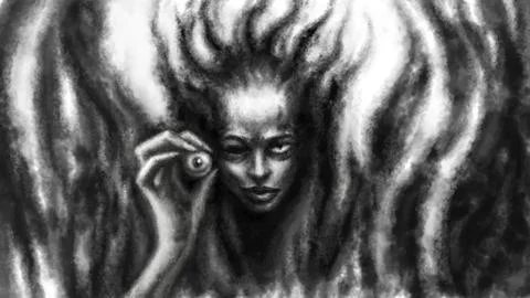 Evil witch demon holds her eye in her hand illustration. Horror fantasy genre Stock Illustration