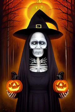Evil witch in eerie surrounding. Horror Halloween fantasy. Stock Illustration