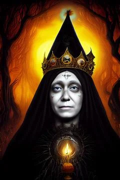 Evil witch in eerie surrounding. Horror Halloween fantasy. Stock Illustration