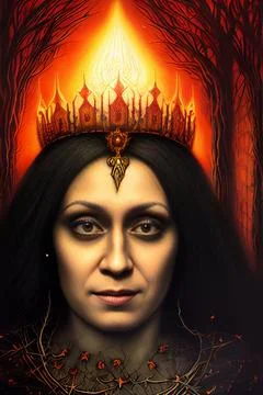 Evil witch in eerie surrounding. Horror Halloween fantasy. Stock Illustration