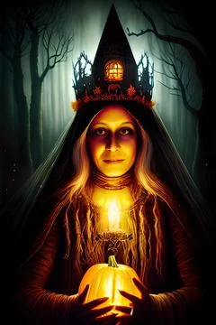 Evil witch in eerie surrounding. Horror Halloween fantasy. Stock Illustration