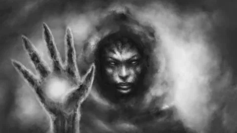 Evil witch exile 2D illustration. Dark goddess of chaos. Horror fantasy genre Stock Illustration