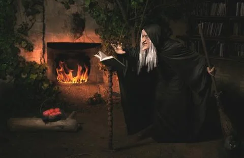 Evil witch in her lair casting a spell Stock Photos