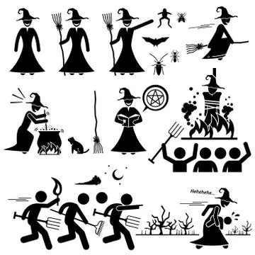 Evil Witch Hunt Witchcraft Black Magic Stick Figure Pictogram Icons Stock Illustration