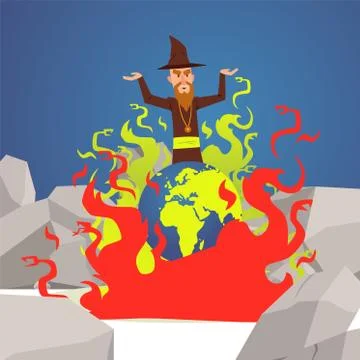 Evil wizard cast spell on Earth, planet burns in flames, vector illustration Stock Illustration