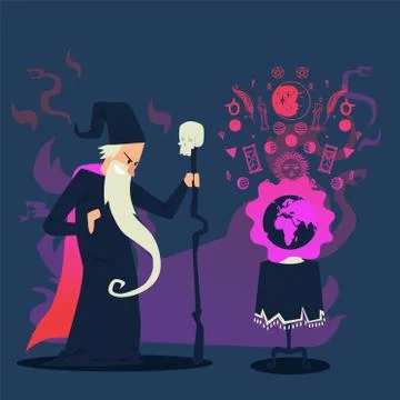 Evil wizard casting spell on planet Earth, cartoon character vector illustration Stock Illustration