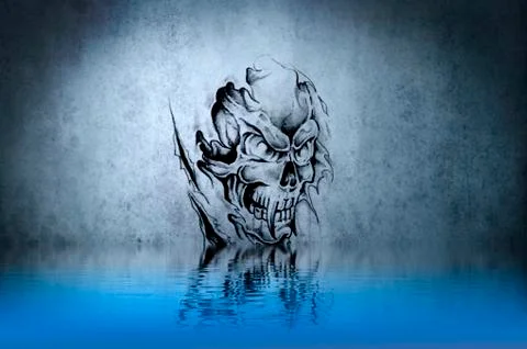 Evil wizard, drawing on blue wall reflections in the water Stock Illustration