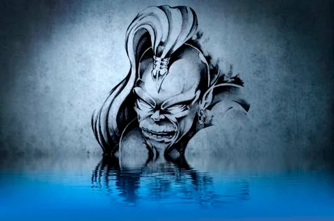 Evil wizard, drawing on blue wall reflections in the water Stock Illustration